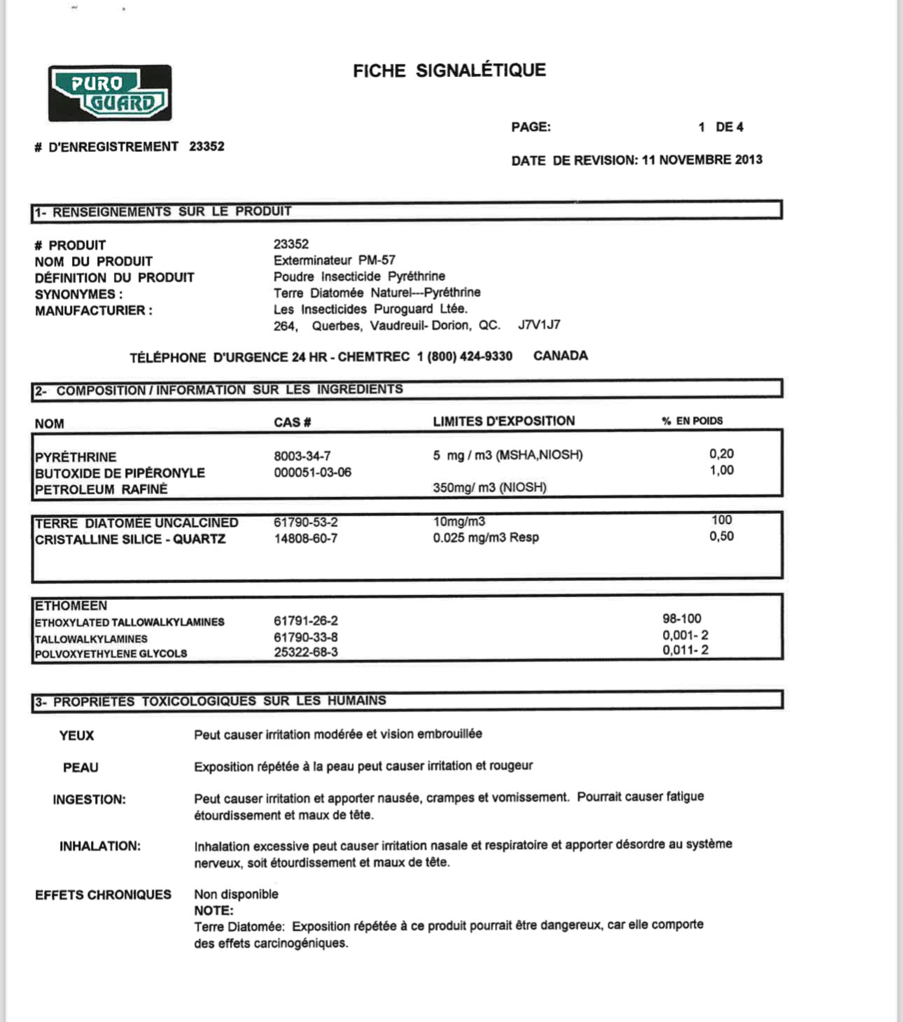 Insecticide, ready to use, indoor and outdoor, 200g, Fiche signalétique