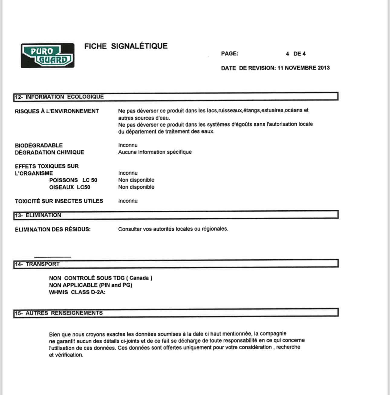 Insecticide, ready to use, indoor and outdoor, 200g, Fiche signalétique