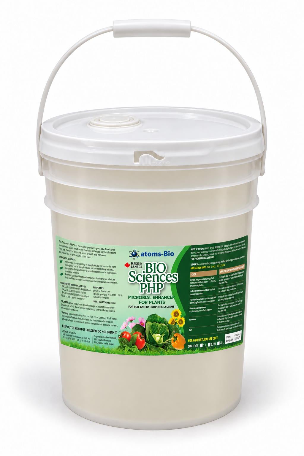 Bio Sciences PHP 20 L pail with a narrower green label and pale beige liquid