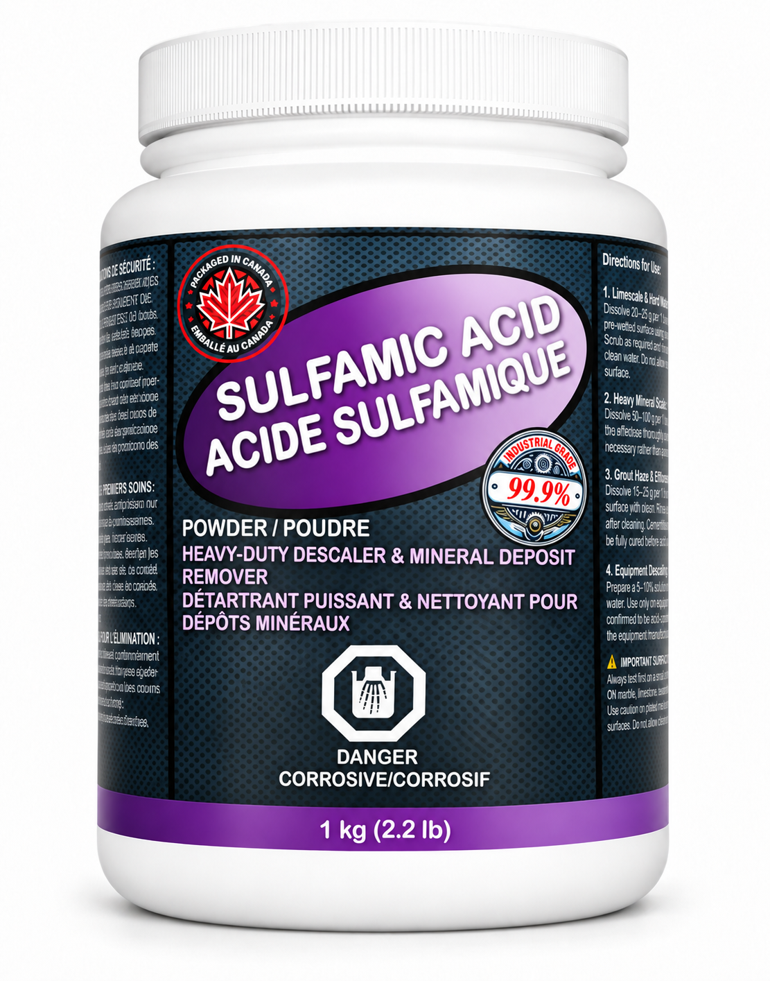 Sulfamic acid 1 kg jar with purple bilingual label, matching the Atomes powdered product jar range
