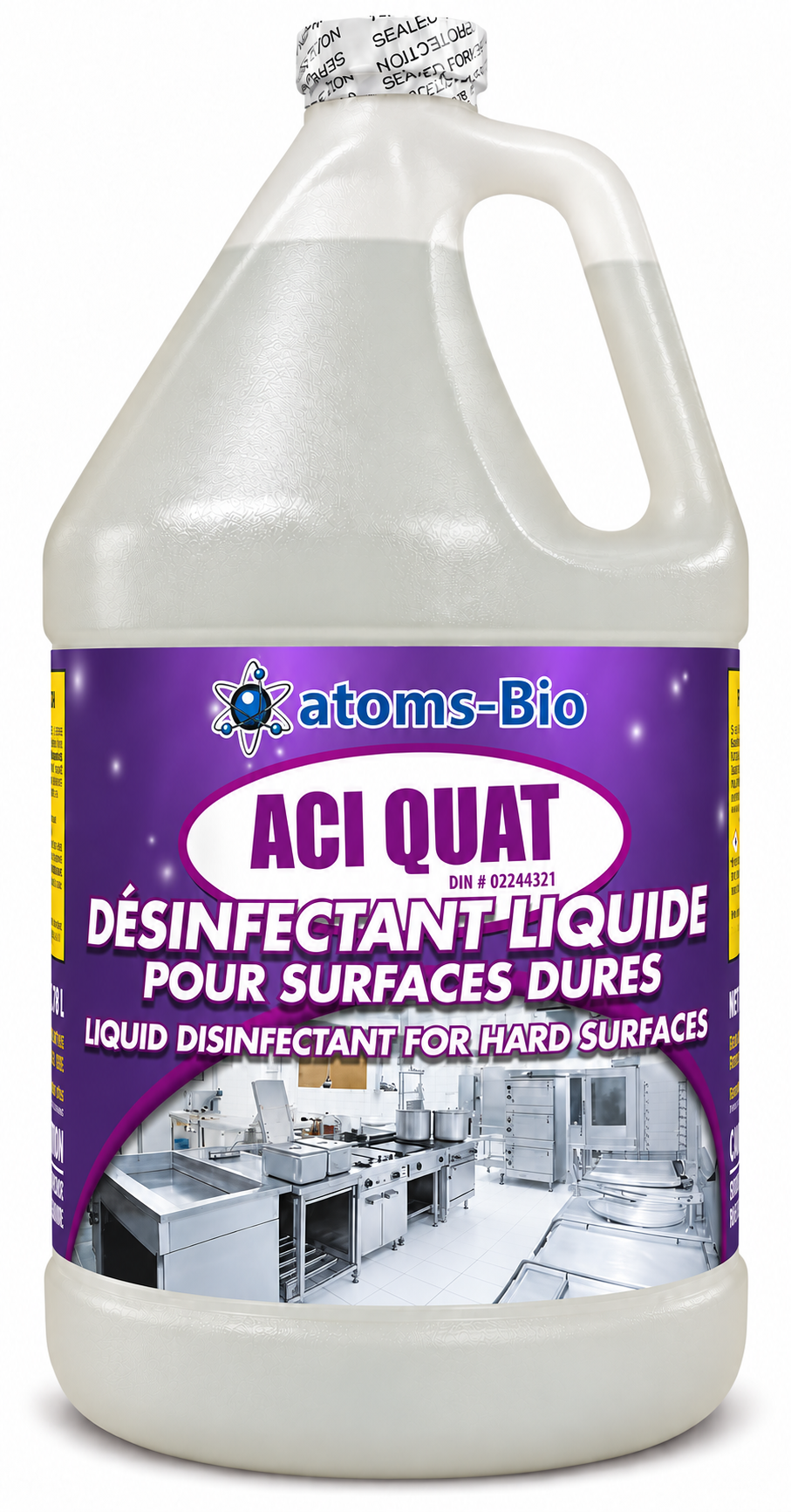 ACI QUAT liquid disinfectant for hard surfaces, purple bilingual label on a frosted gallon jug