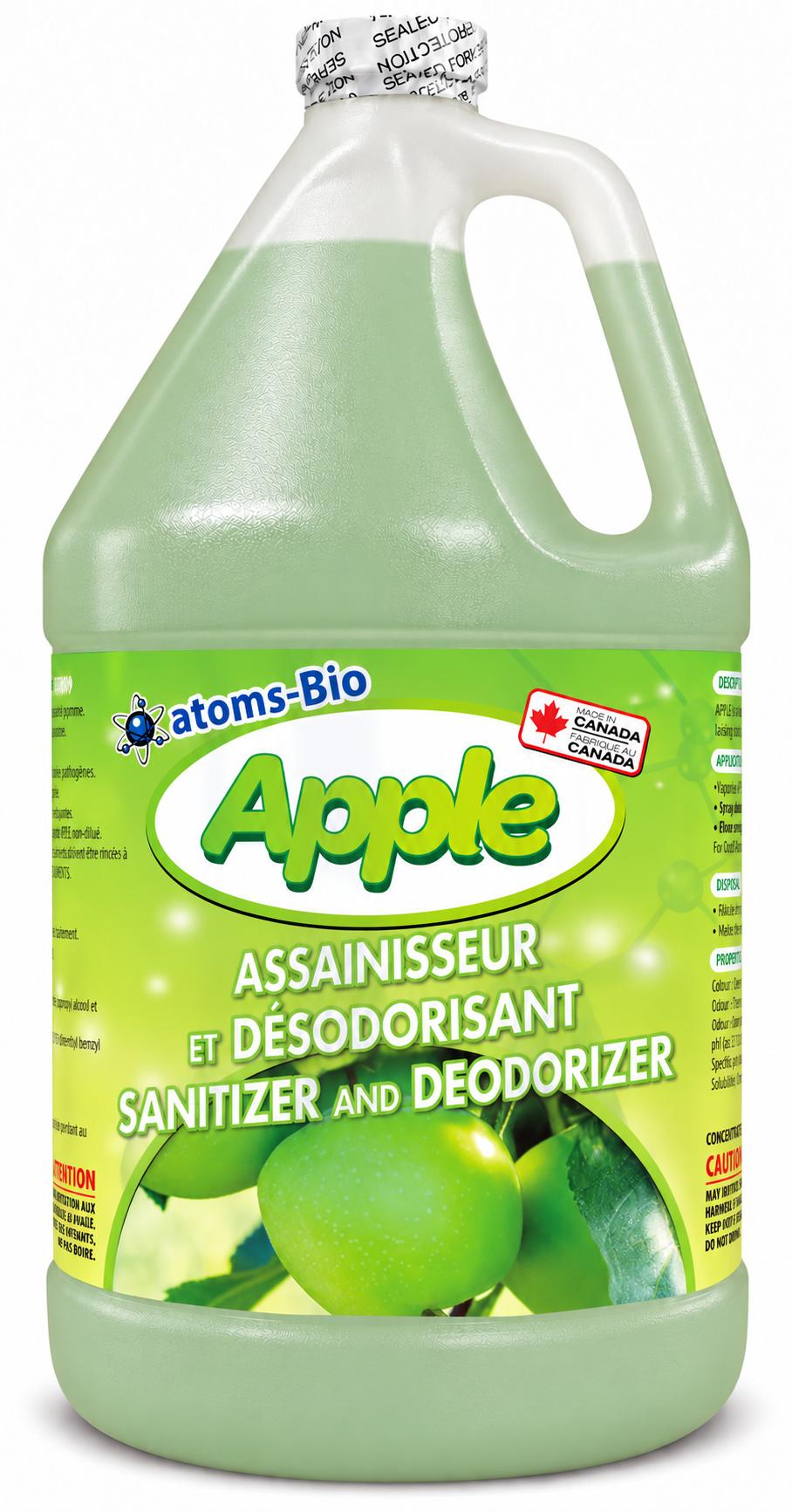 APPLE sanitizer and deodorizer, classic Canada label, pale green liquid, 3.78 L gallon