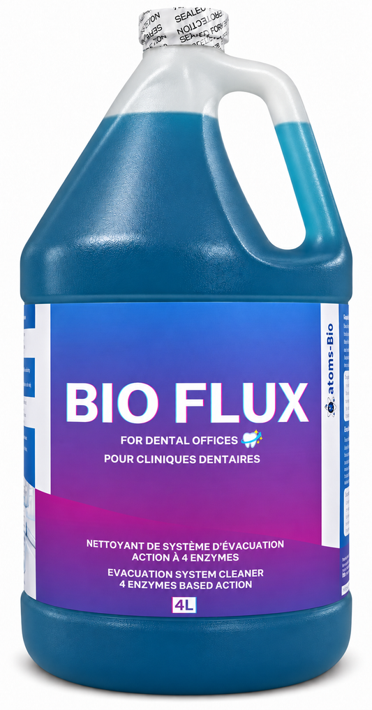 BIO FLUX dental evacuation system cleaner, 4 L gallon with teal-blue liquid and a bilingual blue-to-purple label on a white background