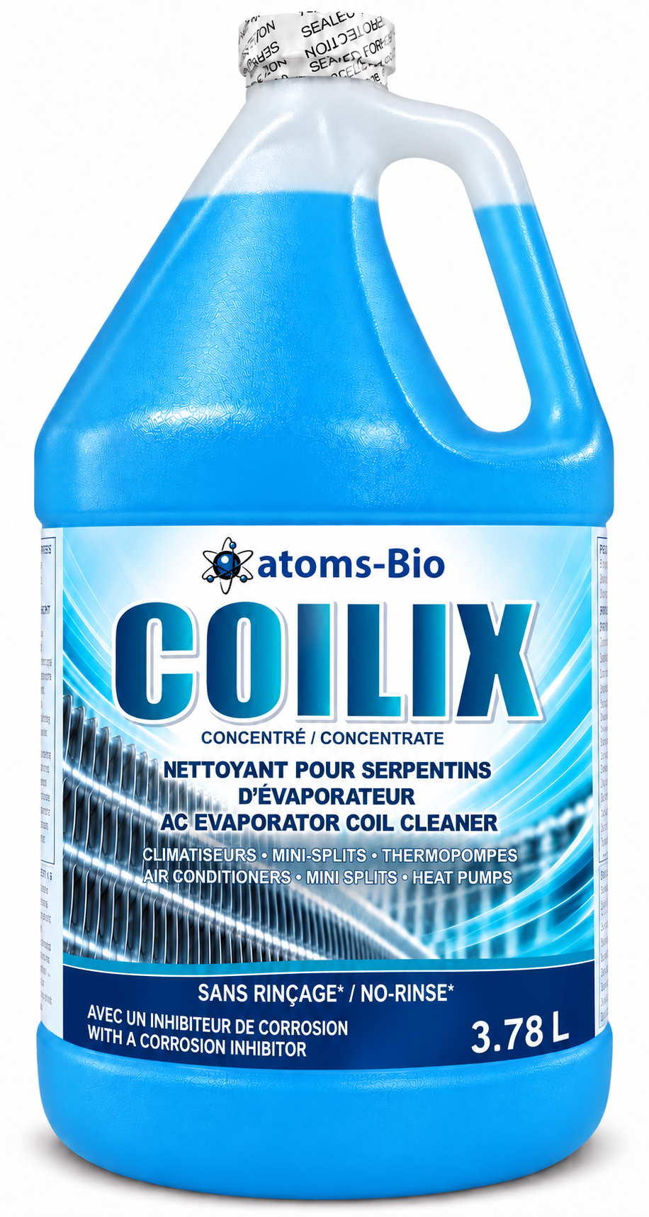 COILIX AC evaporator coil cleaner concentrate, 3.78 L gallon with blue liquid and bilingual atoms-Bio label.