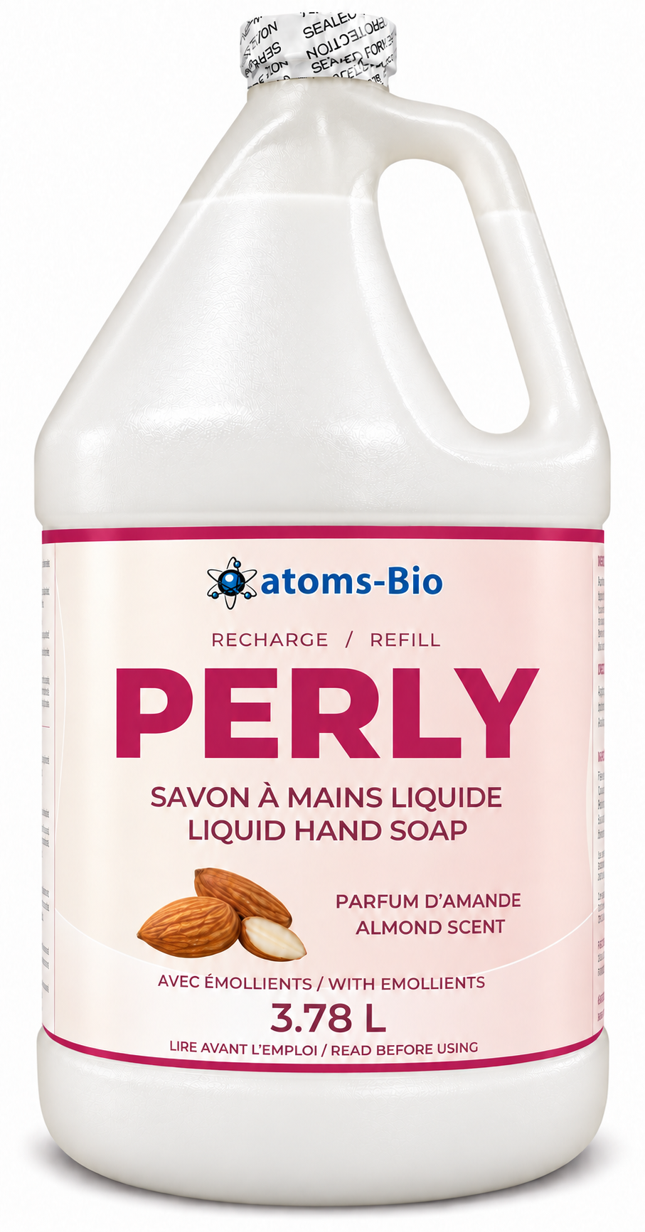 PERLY almond-scented liquid hand soap, 3.78 L gallon with opaque pearl-white soap visible through frosted plastic and a pink bilingual label