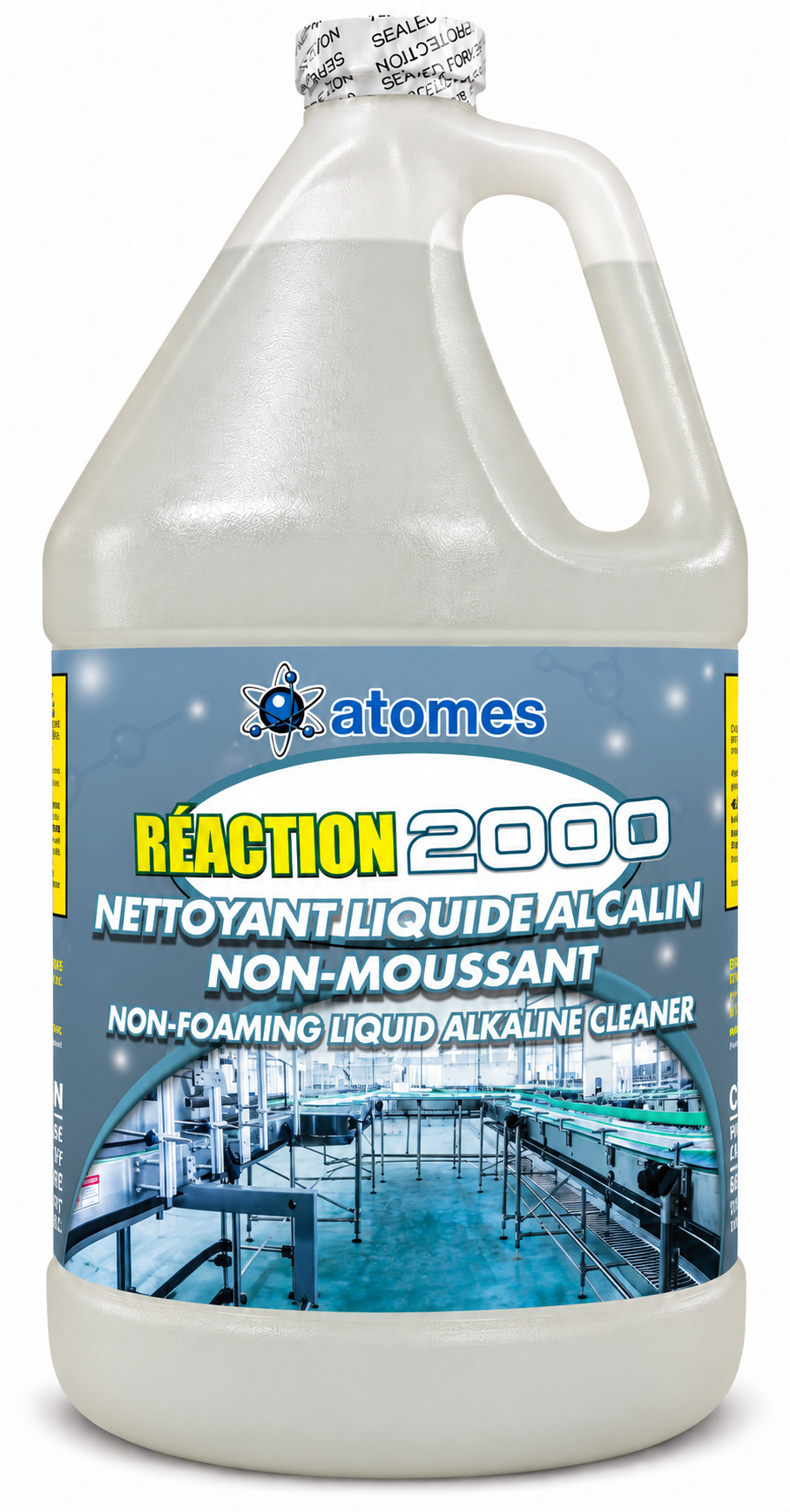 REACTION 2000 commercial dishwasher detergent and alkaline cleaner, frosted 3.78 L gallon jug with classic bilingual label