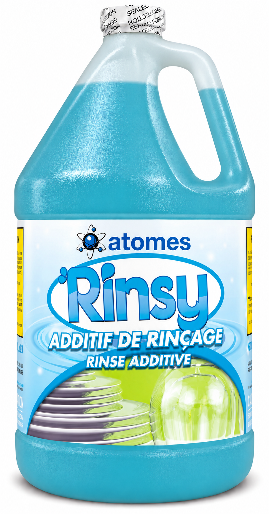 RINSY commercial dishwasher rinse additive, blue liquid in a frosted 3.78 L gallon jug with classic bilingual label