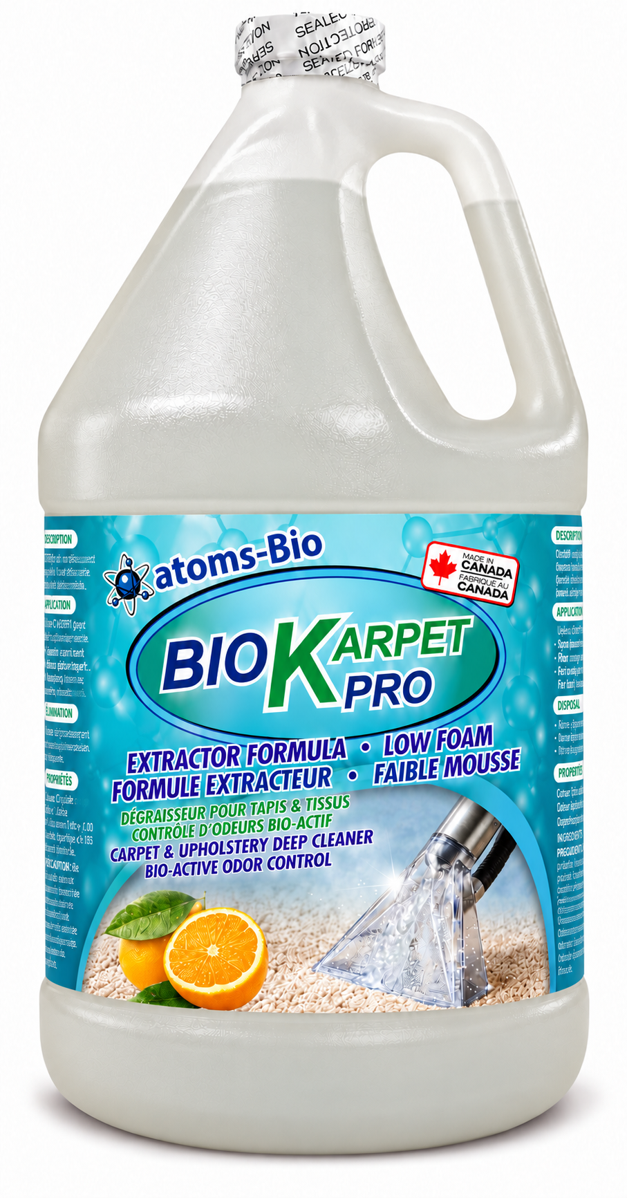 BIO KARPET PRO 3.78 L carpet and upholstery cleaner, original turquoise label on a frosted gallon jug.