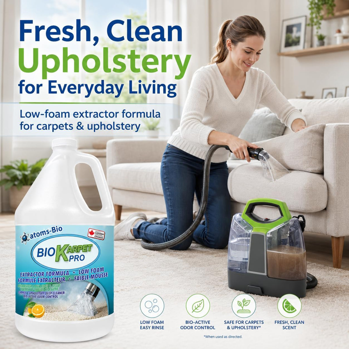 BIO KARPET PRO used with a portable extractor to clean sofa upholstery