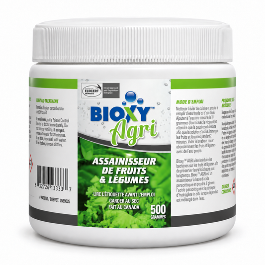 Bioxy Agri 500 g in its small white jar with French green produce label on a white studio background