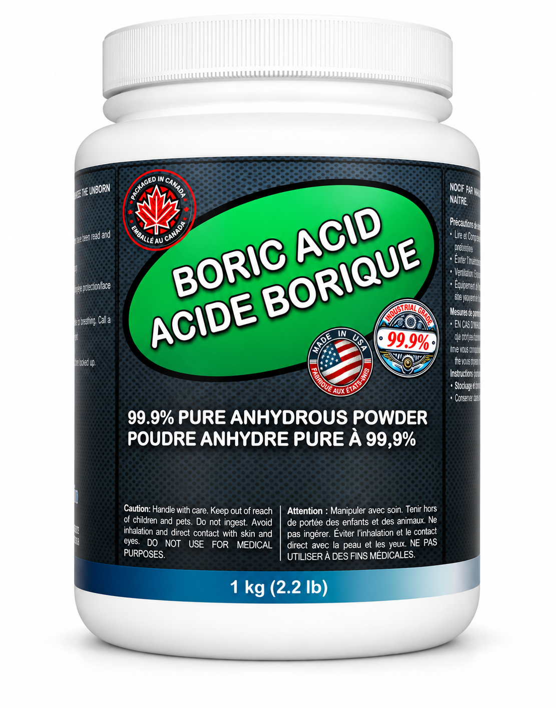 Boric acid 1 kg jar with bilingual green label on a white background