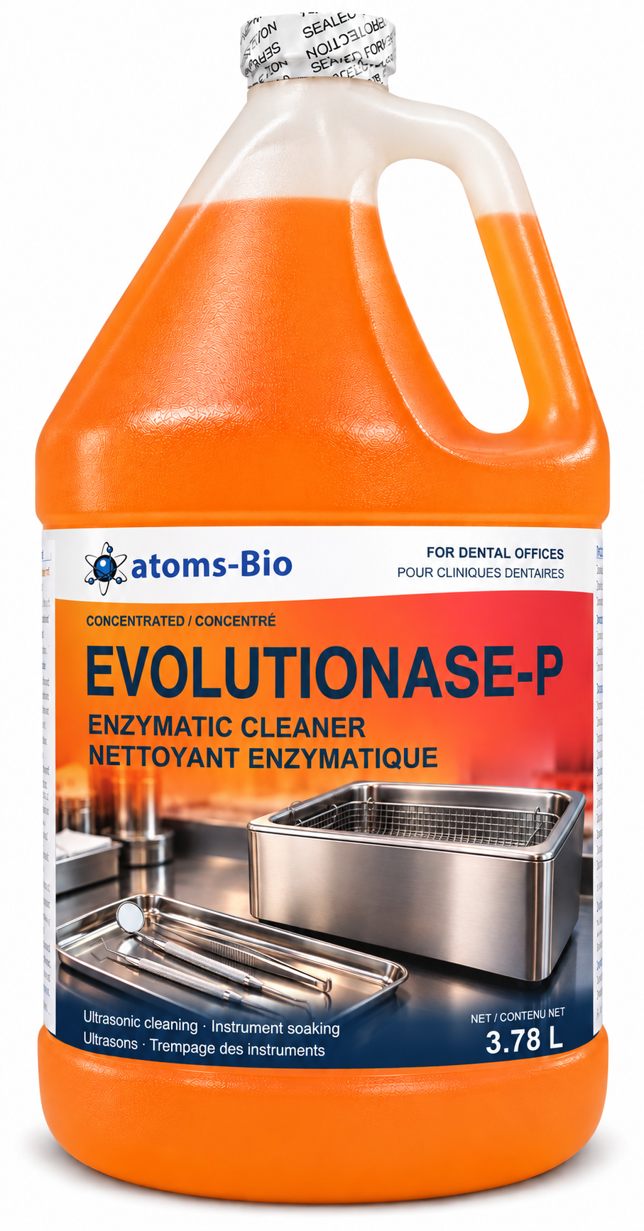 Evolutionase-P concentrated enzymatic cleaner, 3.78 L gallon with orange liquid and bilingual orange-red label
