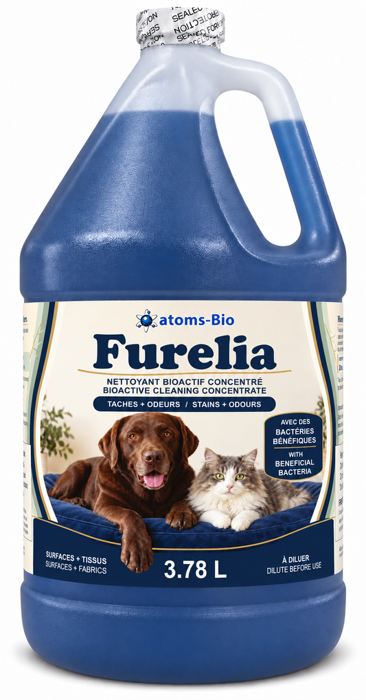 Furelia bioactive pet stain and odour cleaning concentrate, 3.78 L gallon with dark-blue liquid, dog-and-cat label and sealed cap.