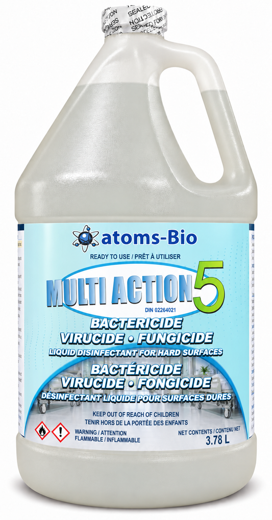 Multi-Action 5 3.78 L with the new bilingual atoms-Bio label on a frosted gallon jug.
