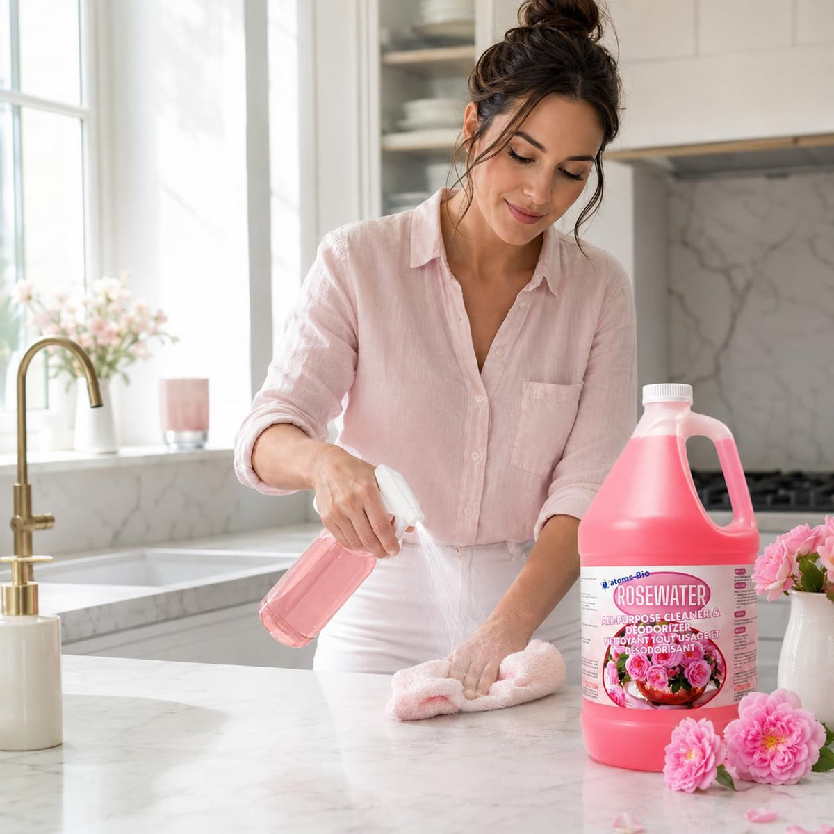 ROSEWATER concentrate used for spray cleaning a household countertop