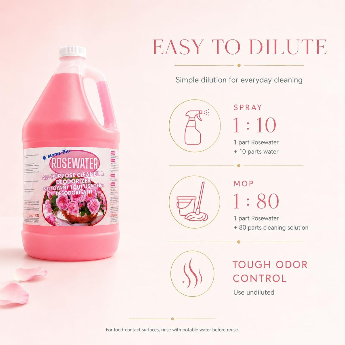 ROSEWATER dilution guide: spray 1:10, mop 1:80, undiluted for tough odours