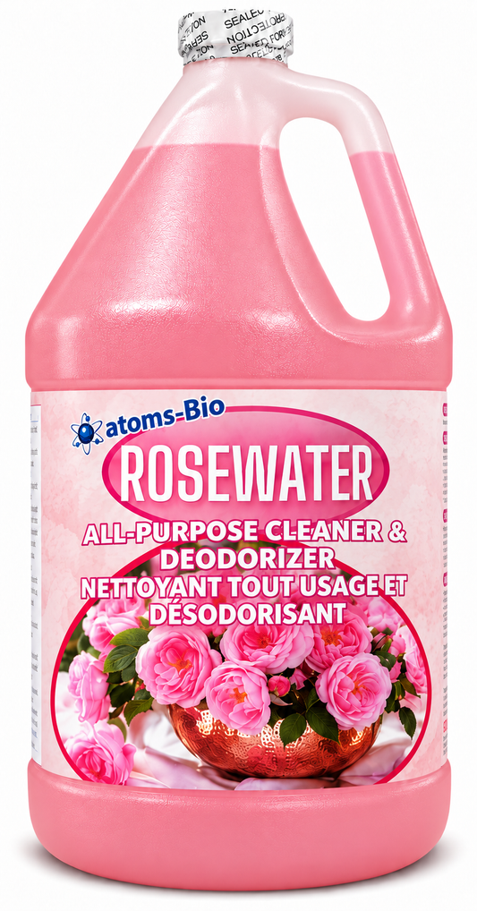 ROSEWATER all-purpose cleaner and deodorizer, 3.78 L gallon jug with pink liquid and bilingual label on a white background