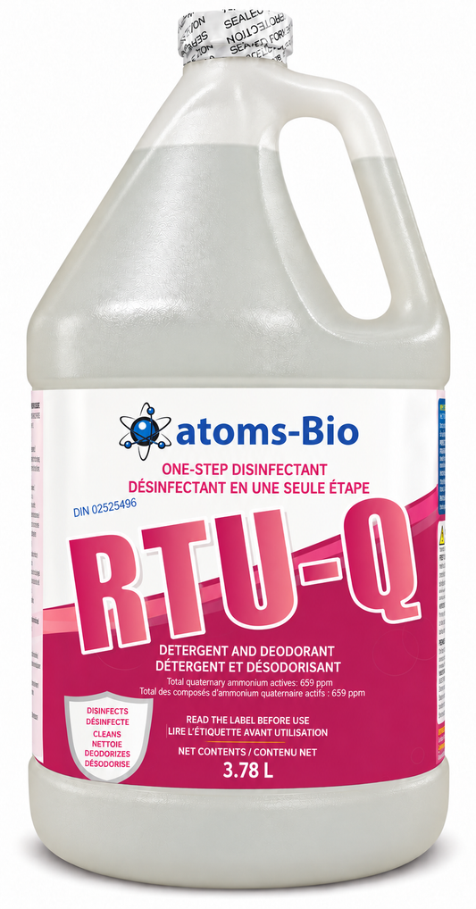 RTU-Q 3.78 L ready-to-use disinfectant, cleaner and deodorant, with the new bilingual atoms-Bio magenta label on a frosted gallon jug.