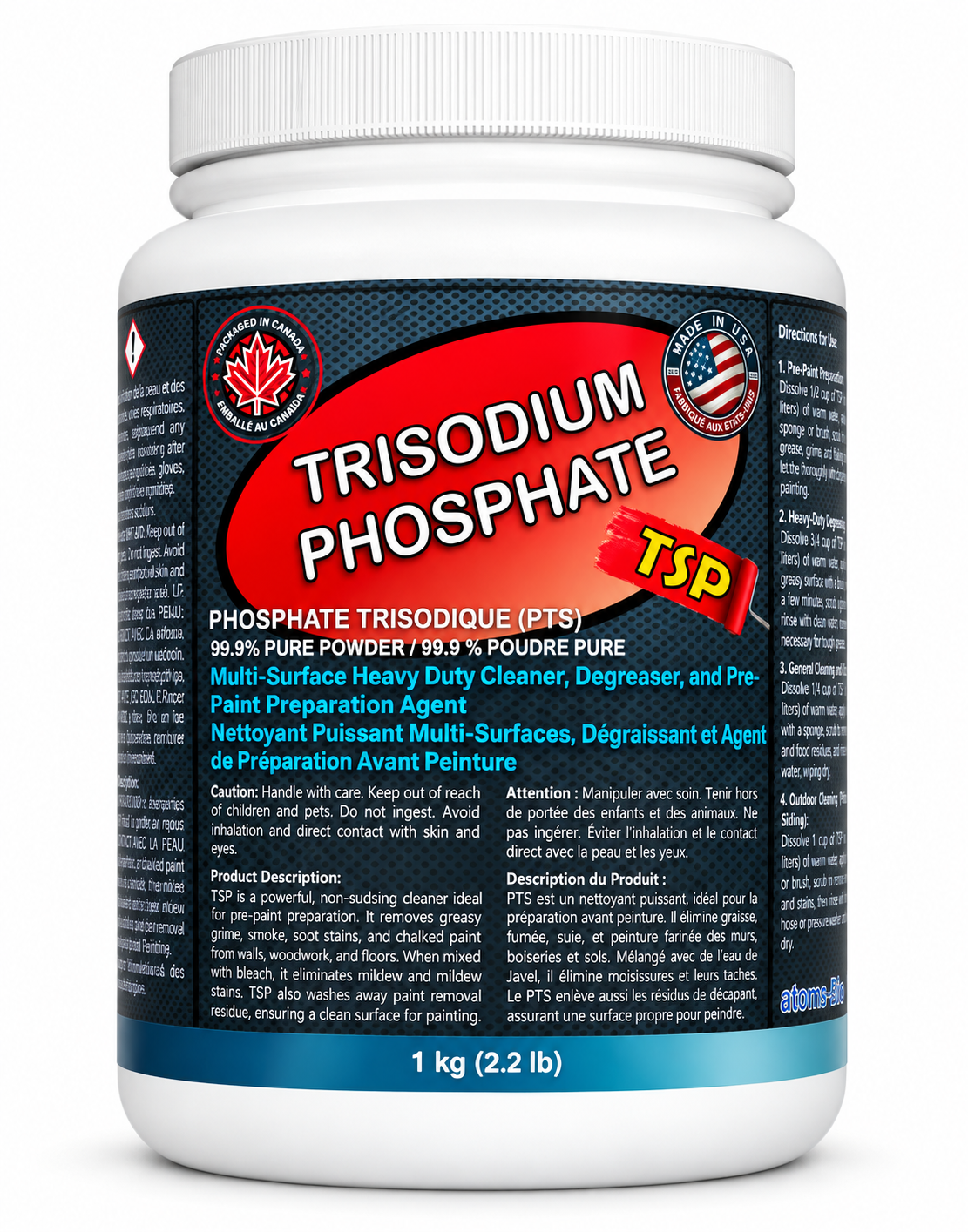 Trisodium phosphate TSP 1 kg jar with bilingual red label on a white background